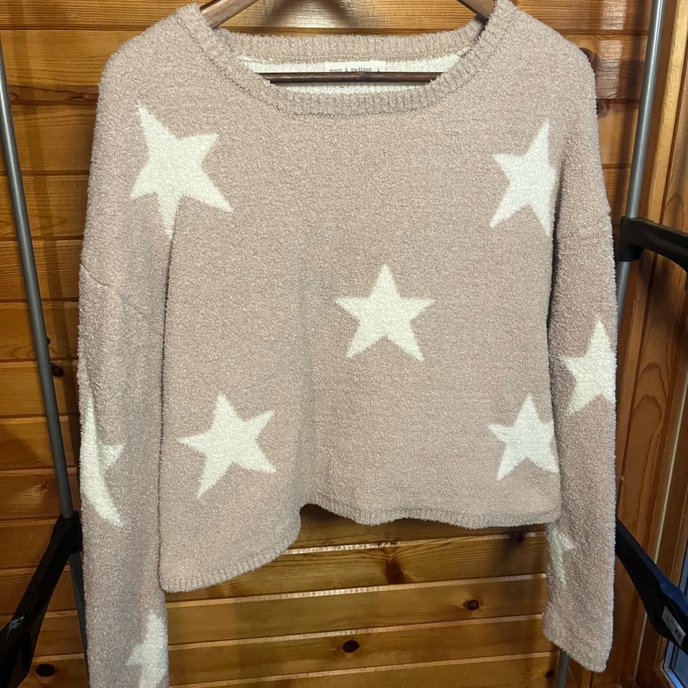 🌙MOON & MADISON Cream and White Starry Crew Neck Sweater Super COZY